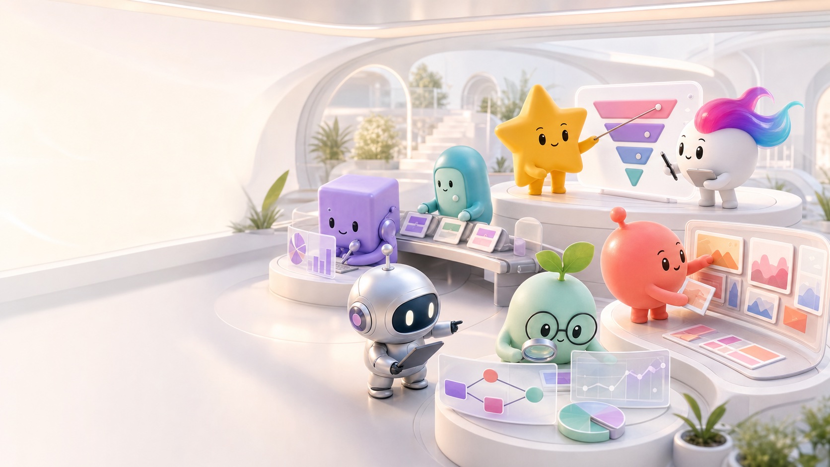 明るいワークスペースで多様なAIキャラクターがWebマーケティングとAI実務に取り組む様子